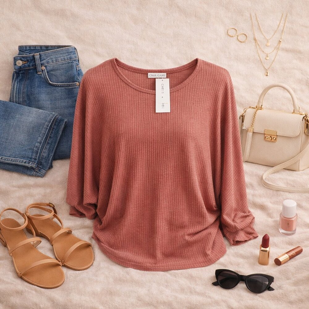 💚 Chris & Carol Dusty Rose Ribbed Dolman Sleeve Top Size S Soft Cozy Casual